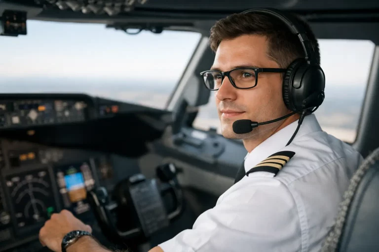Commercial pilot wearing glasses in an aircraft cockpit